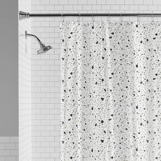 Alt view image 4 of 6 - Mainstays Terrazzo Waterproof PEVA Shower Curtain Set with Hooks, 30% Post-Consumer Recycled Material, Black and White