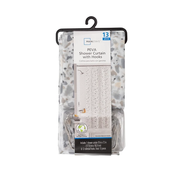 Alt view image 2 of 6 - Mainstays Terrazzo Waterproof PEVA Shower Curtain Set with Hooks, 30% Post-Consumer Recycled Material, Black and White