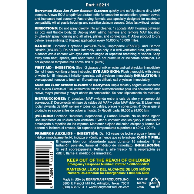 Alt view image 5 of 6 - Berryman Products 2211 Mass Air Flow Sensor Cleaner with Extension, 11 oz