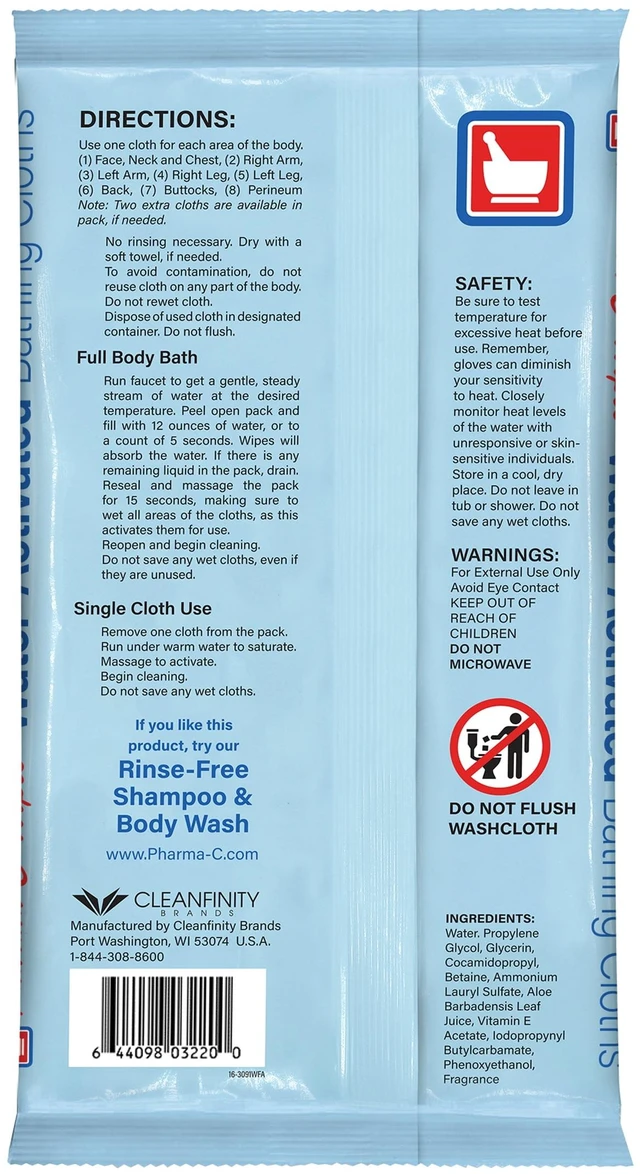 Alt view image 3 of 5 - (2 pack) Pharma-C Water-Activated No-Rinse Bathing Cloths, Fresh Scent, 10 Cloths