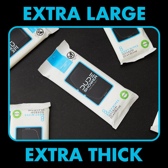 Alt view image 3 of 6 - DUDE Wipes On-The-Go Shower Wipes, XL Full Body Shower Replacement Wipes, Unscented, 8 Count