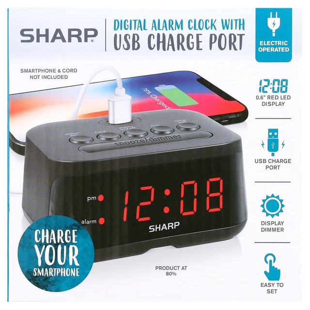 Alt view image 3 of 6 - SHARP Digital Alarm Clock, Midnight Black, USB Charge Port, Red LED Display