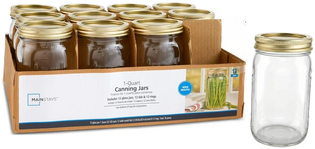 Main image of Mainstays 32 oz Mason Jars, Wide Mouth Quart Canning Jars with Lids and Rings, 12-Pack Large Glass Jars for Home Canning and Fermenting