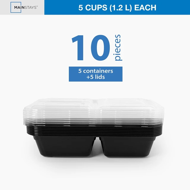 Main image of Mainstays 10-Piece 3-Compartment Meal Prep Container Set, 5 Containers + 5 Lids, BPA-Free, Leak-Resistant