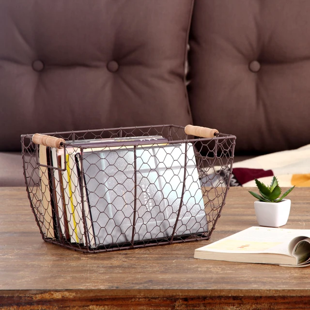 Alt view image 4 of 6 - Mainstays Decorative Chicken Wire Basket with Wood Handles, Brown, 12.2 in x 8 in x 7.28 in