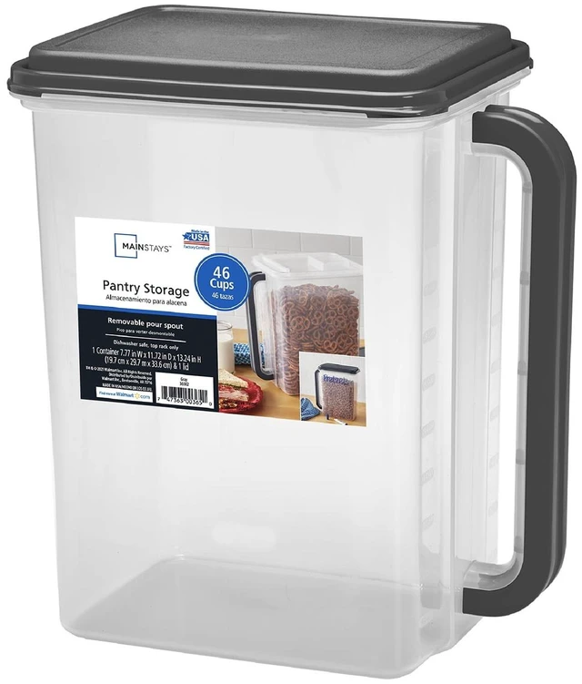Main image of Mainstays Plastic Food Storage Canister with Lid, Handle and Pour Spout, 46 Cups, Clear/Gray, 11.55 in x 7.8 in x 13.25 in
