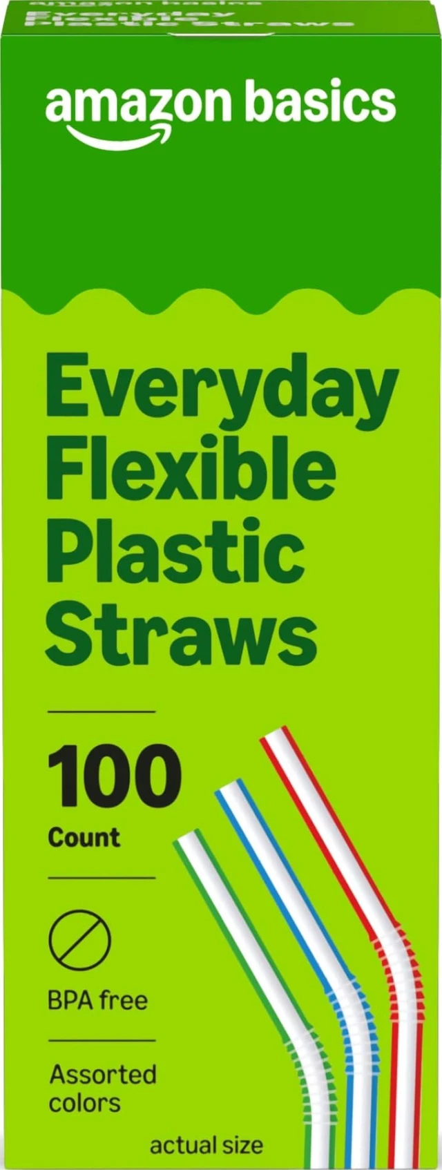 Main image of Amazon Basics Disposable Striped Plastic Flex Straws, Assorted Colors, 100 Count, Large Pack, Packaging May Vary
