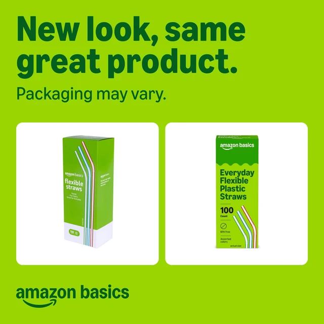 Alt view image 3 of 5 - Amazon Basics Disposable Striped Plastic Flex Straws, Assorted Colors, 100 Count, Large Pack, Packaging May Vary
