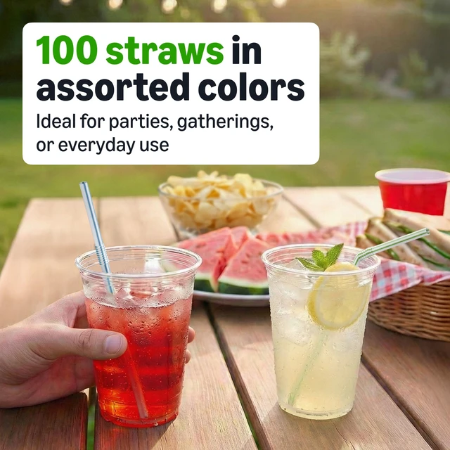 Alt view image 4 of 5 - Amazon Basics Disposable Striped Plastic Flex Straws, Assorted Colors, 100 Count, Large Pack, Packaging May Vary