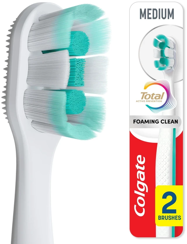 Main image of Colgate Total Active Prevention Foaming Clean Medium Toothbrush, 2 Pack