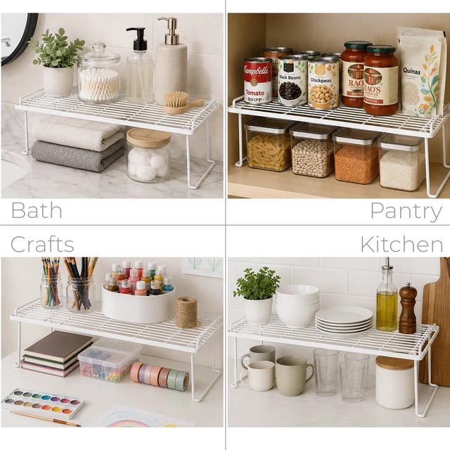 Alt view image 3 of 6 - Mainstays Metal Wire Stacking Shelf Organizer for Kitchen Cabinet and Pantry Storage, 22" x 10" x 7", White