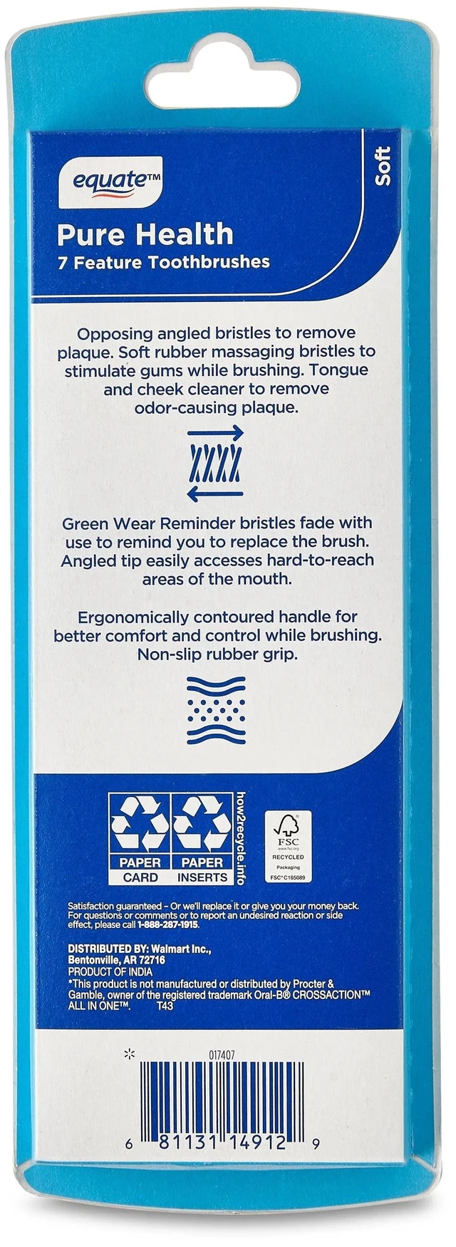 Alt view image 6 of 6 - Equate Pure Health, Adult, Manual, Soft Toothbrush, 4 Count