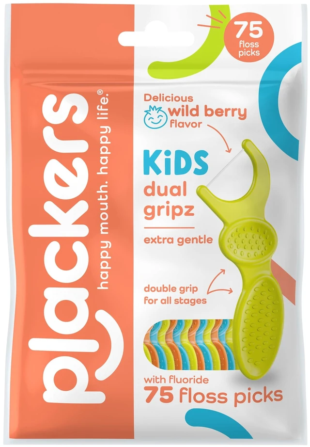 Main image of Plackers® Kids Dual Gripz Floss Picks, Gentle, Tuffloss®, Wild Berry Flavor, Dual Gripz for All Stages, with Fluoride, 75 Count