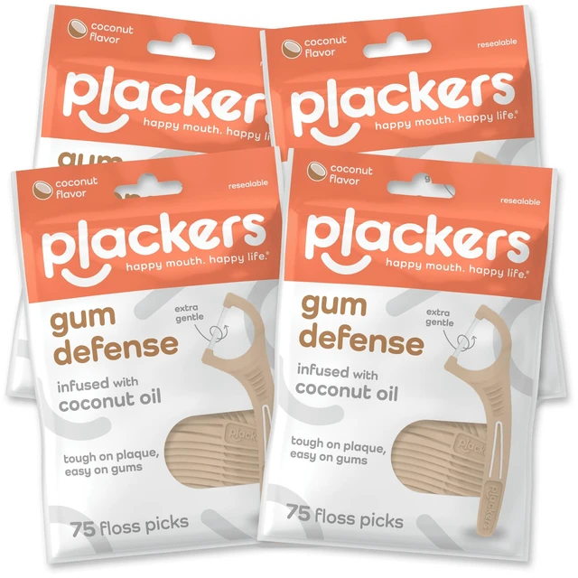 Main image of Plackers Gum Defense Floss Picks with Coconut Oil, Refreshing Coconut Flavor, GentleFloss, 75 Count (Pack of 4)