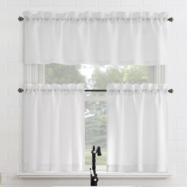 Main image of Mainstays Textured Small Window 3-Piece Cafe Curtains with Valance, Rod Pocket, White, 56 in W x 36 in L
