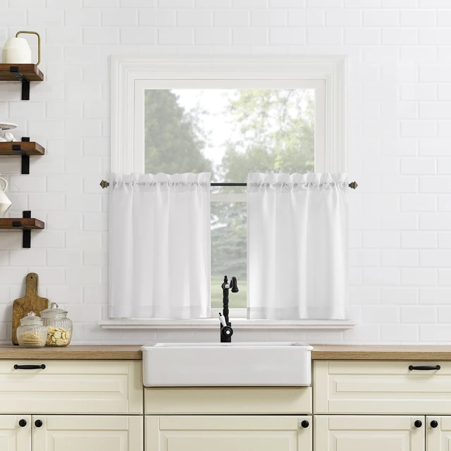Alt view image 6 of 6 - Mainstays Textured Small Window 3-Piece Cafe Curtains with Valance, Rod Pocket, White, 56 in W x 36 in L