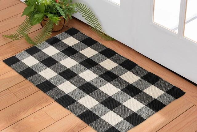 Alt view image 5 of 6 - Mainstays 24 in x 36 in Black and White Plaid Indoor/Outdoor Layering Rug