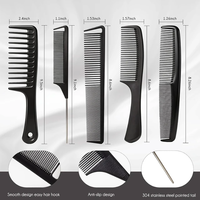 Alt view image 6 of 6 - 5PCS Hair Comb Set - Professional Wide & Fine Tooth Rat Tail Combs for Men Women,Carbon Fiber Comb for Hair Cutting Styling Braiding Parting Teasing Tools(Black)