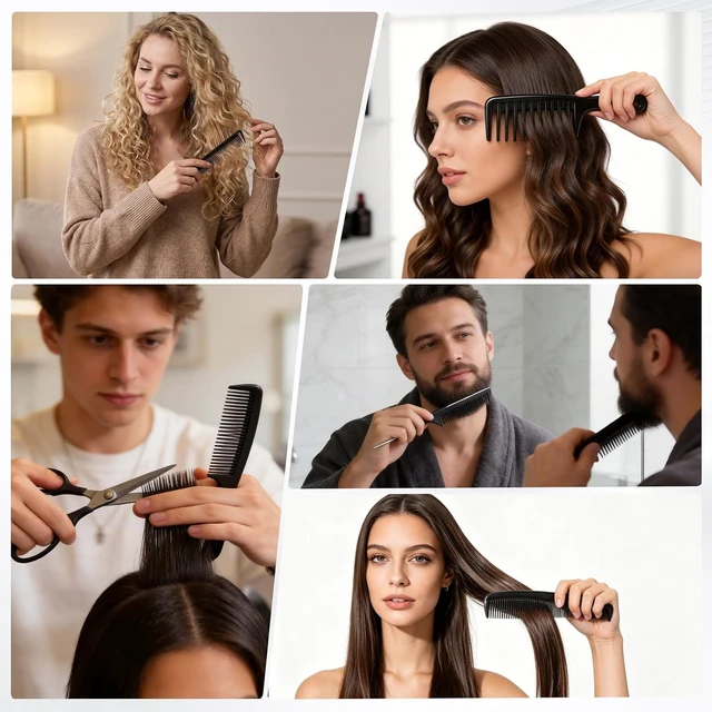 Alt view image 4 of 6 - 5PCS Hair Comb Set - Professional Wide & Fine Tooth Rat Tail Combs for Men Women,Carbon Fiber Comb for Hair Cutting Styling Braiding Parting Teasing Tools(Black)