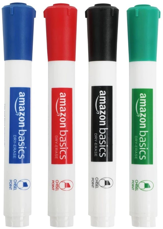 Main image of Amazon Basics Low-Odor Dry Erase Whiteboard Markers, Chisel Tip, Quick-Dry, Black, Red, Green, Blue, 4-Pack