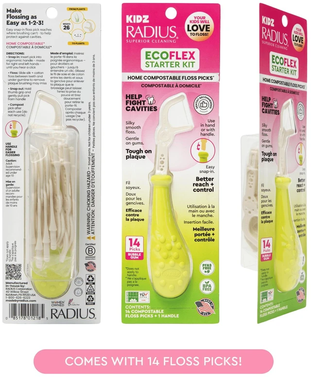 Main image of RADIUS Bubblegum EcoFlex Kidz Floss Picks Starter Kit, 14ct Compostable Floss Picks and Reuseable Handle for Kids Oral Care, Non Toxic Tooth & Gum Protection