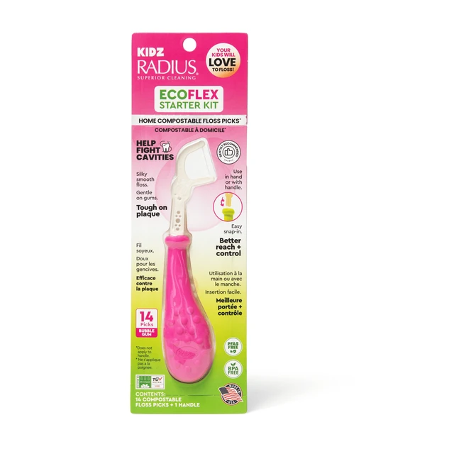 Alt view image 3 of 5 - RADIUS Bubblegum EcoFlex Kidz Floss Picks Starter Kit, 14ct Compostable Floss Picks and Reuseable Handle for Kids Oral Care, Non Toxic Tooth & Gum Protection