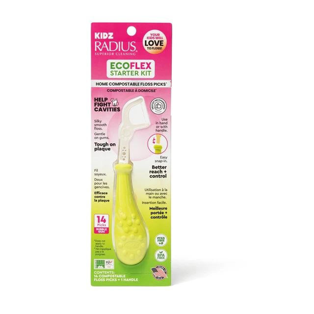 Alt view image 5 of 5 - RADIUS Bubblegum EcoFlex Kidz Floss Picks Starter Kit, 14ct Compostable Floss Picks and Reuseable Handle for Kids Oral Care, Non Toxic Tooth & Gum Protection