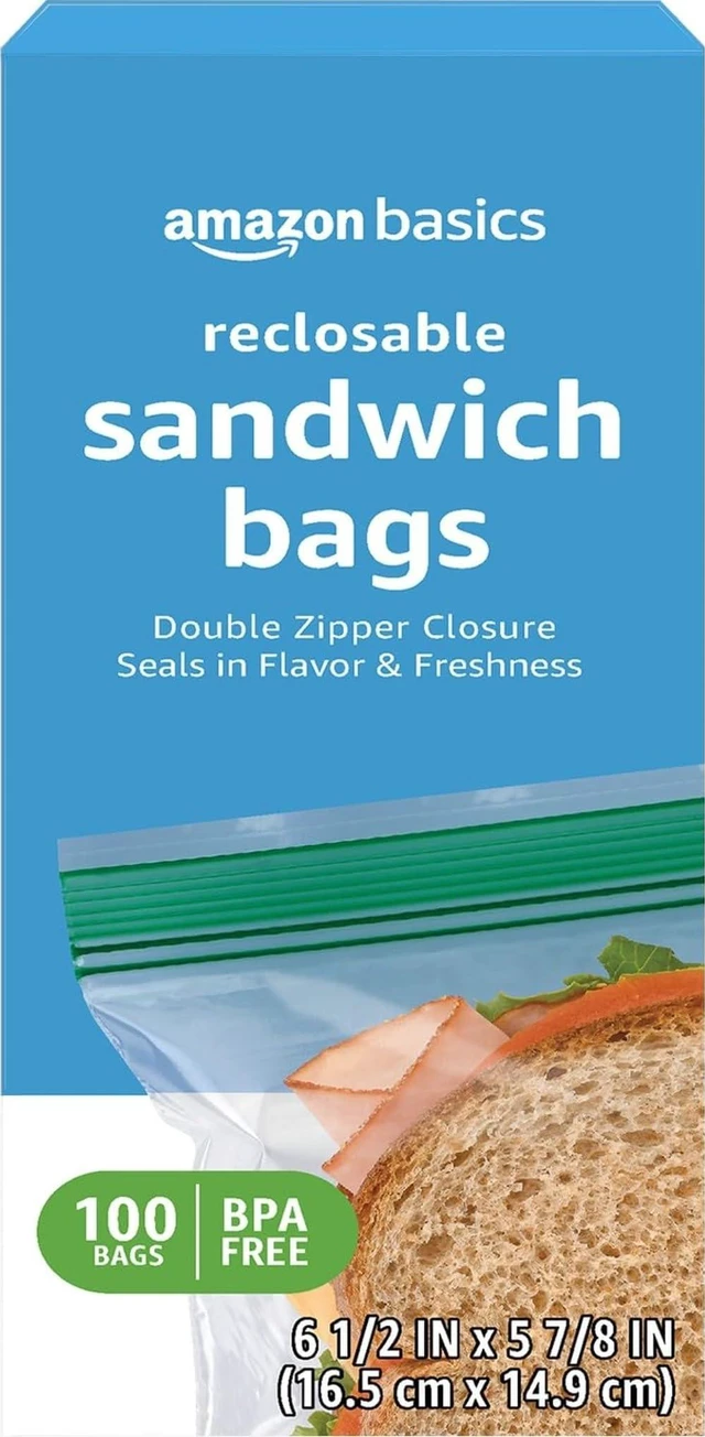 Main image of Amazon Basics Reclosable Double Zipper Sandwich Storage Bags for Food Storage, BPA Free, 100 Count