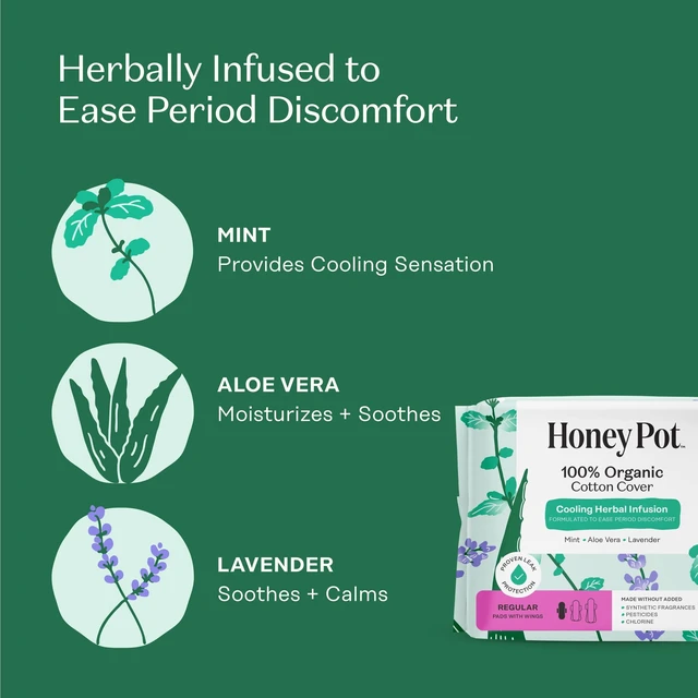 Alt view image 6 of 6 - Honey Pot 100% Organic Cotton Cover Cooling Herbal Infusion Regular Pads, 20 Count