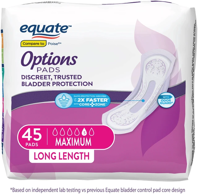 Alt view image 3 of 5 - Equate Options Women's Incontinence Pads, Maximum Absorbency, Long Length, 45 Count