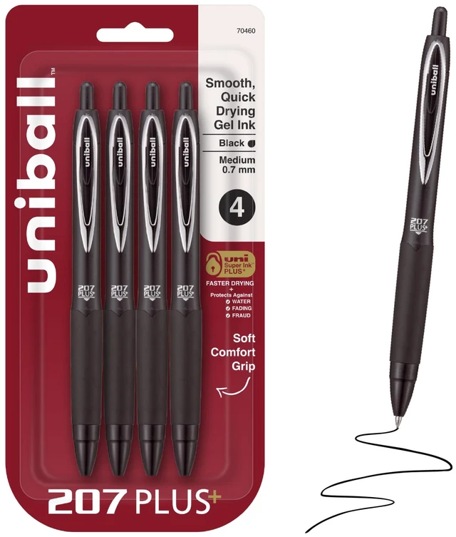 Main image of uniball 207 Plus+ Gel Pens, Black Ink, 0.7mm Medium Point, 4 Count