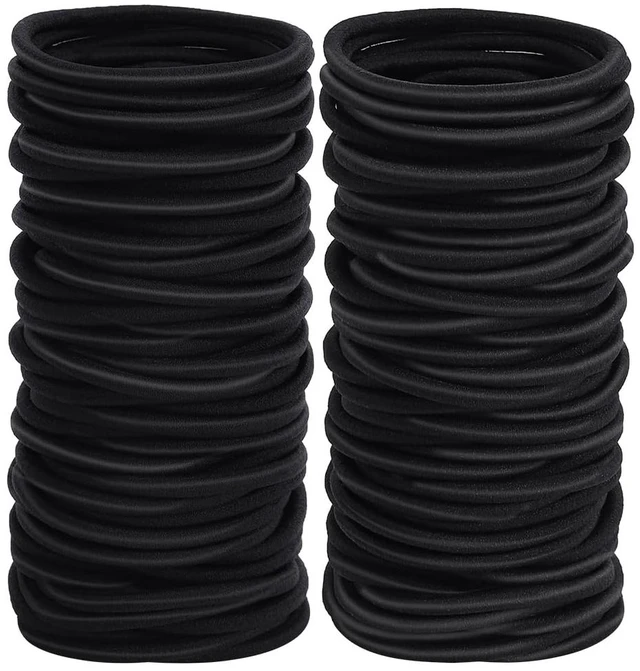 Main image of Sderoq 100pcs Womens Elastics Hair Tie, 4MM Black Ponytail Holders Hair Bands, 2 Inch in Diameter Elastic Band for Medium to Thick Hair (4mm Black)