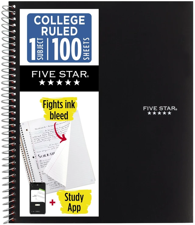 Main image of Five Star Spiral Notebook + Study App, 1 Subject, College Ruled 8.5" x 11" Paper, 100 Sheets, Black (72057)