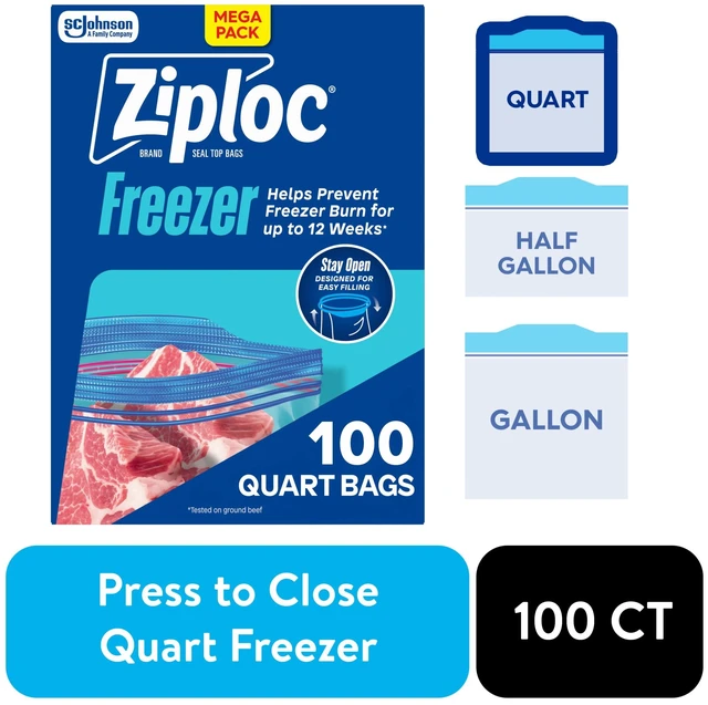 Main image of Ziploc Freezer Quart Food Storage Bags, School Supplies, Stay Open Design, Grip 'n Seal Technology, Zipper, 100 Count