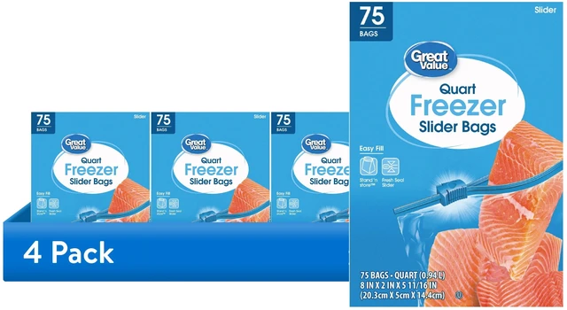 Main image of (4 pack) Great Value Freezer Guard Slider Zipper Bags, Quart Freezer, 75 Count