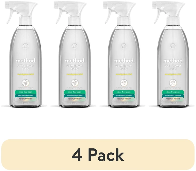Main image of (4 pack) method Daily Shower Cleaner Spray, Eucalyptus Mint - Removes Soap Scum from Bathroom Tiles, Doors, Bathtubs, Glass & More, No Rinse Required, 28 fl oz