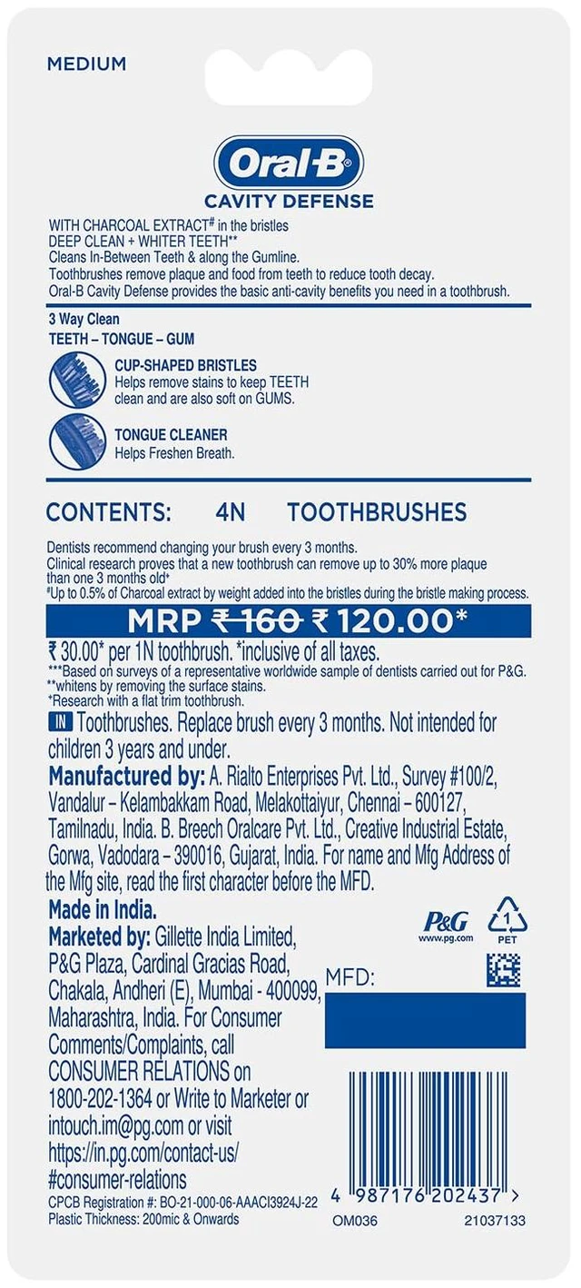 Alt view image 5 of 7 - Oral-B Cavity Defense 123 Black Toothbrush Medium (Pack of 4)