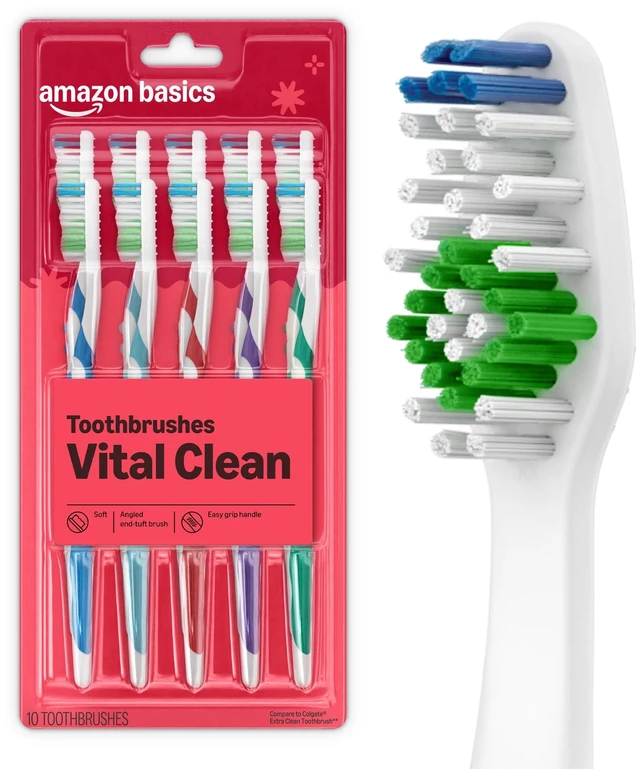 Main image of Amazon Basics Clean Plus Toothbrushes, Soft, Full, 10 Count, 1 Pack, Packaging May Vary