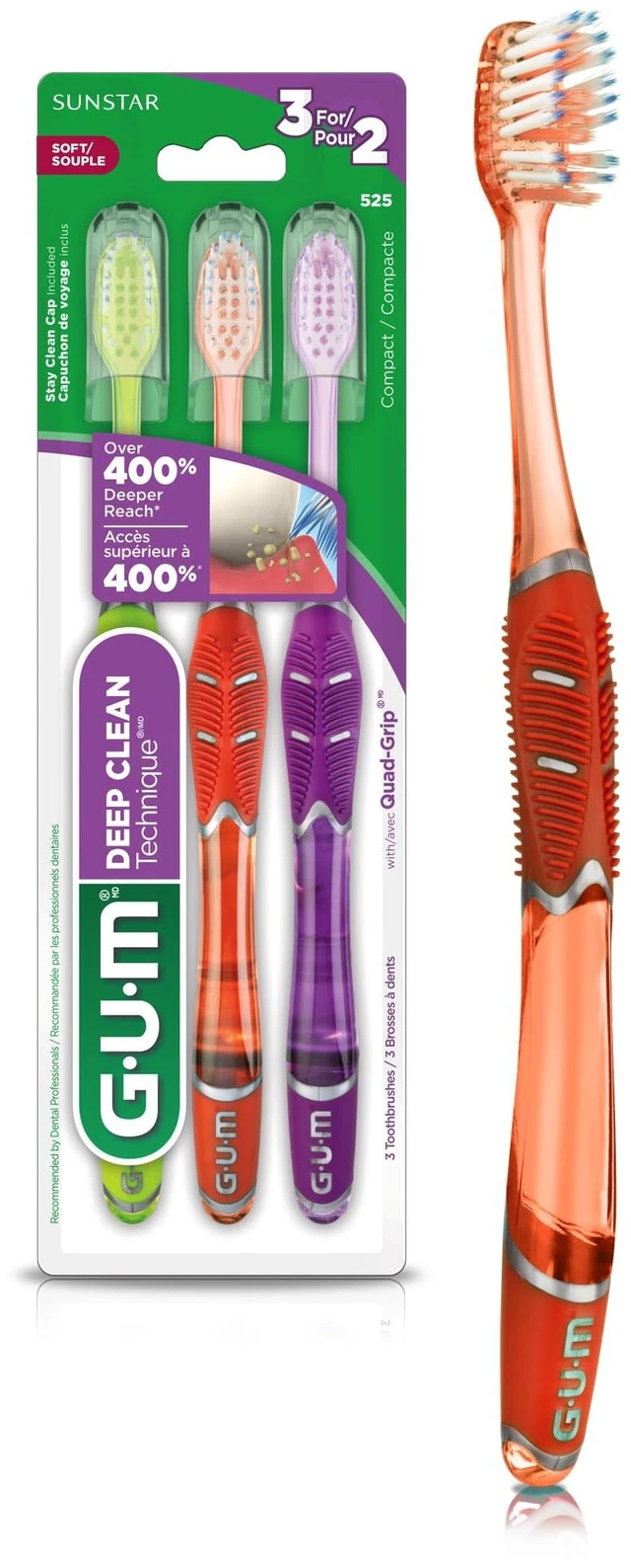 Main image of GUM Technique Deep Clean Toothbrush - Compact Head - Soft Toothbrushes for Adults with Sensitive Soft Bristles, 3 Count