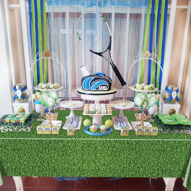 Alt view image 3 of 7 - 4Pcs Green Grass Tablecloths, 86.6"x51.2" Rectangular Grass Field Table Covers for Jungle Woodland Golf Soccer Football Event Sports Party Supplies