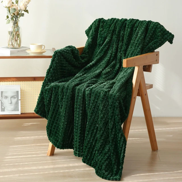 Main image of Puncuntex Fleece Throw Blanket Dark Green 50"×60" with Square Grid Design