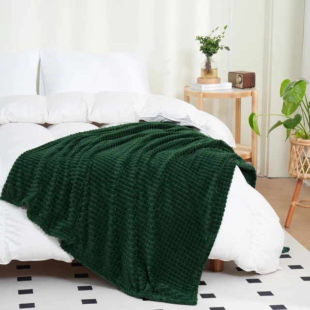 Alt view image 6 of 6 - Puncuntex Fleece Throw Blanket Dark Green 50"×60" with Square Grid Design
