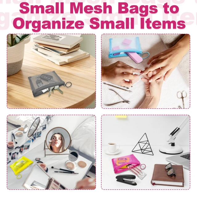 Alt view image 4 of 7 - Mini Mesh Pouches(4 Pack), Small Mesh Bags with Zipper Nylon Makeup Pouches Bag Cosmetic Pouch Travel Purse Organizer Insert Diaper Inside Bag Organizers Home Organizing Size See Through Cute Colors
