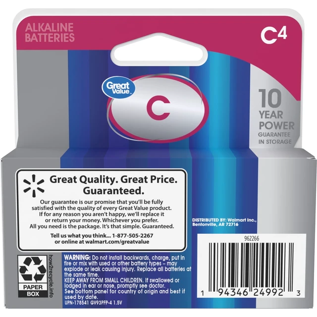 Alt view image 2 of 5 - Great Value Alkaline C Batteries, 4 Count (Plastic Free Packaging)