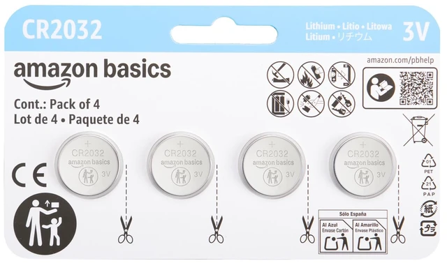 Main image of Amazon Basics CR2032 3V Lithium Coin Cell Batteries, Child-Proof Package, Non-Coated, AirTag Compatible, 4-Pack