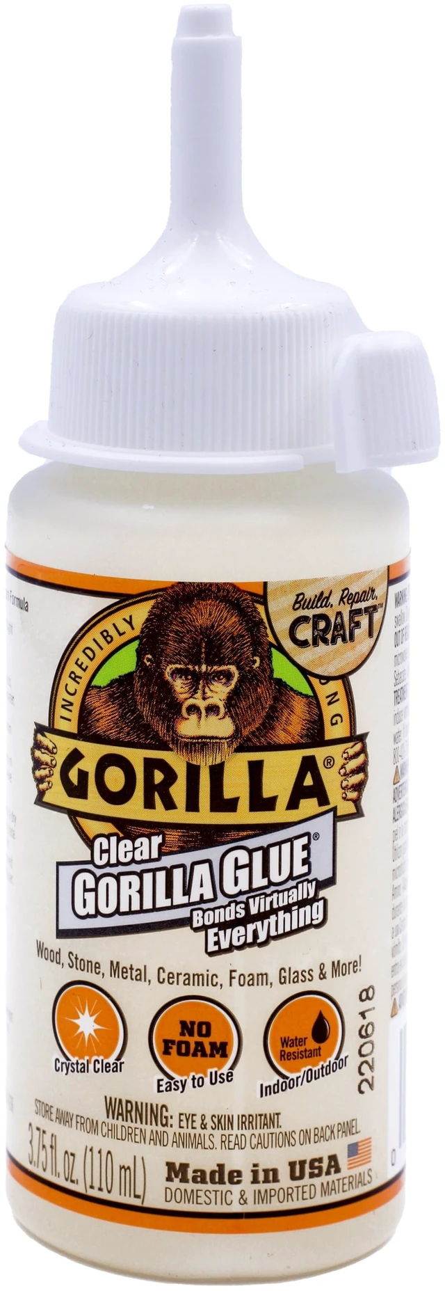 Main image of Gorilla Clear Glue, 3.75 fl. Ounces (110mL), Pack of 1 Bottle, Assembled Weight .305 lbs, 24 hours Dry Time