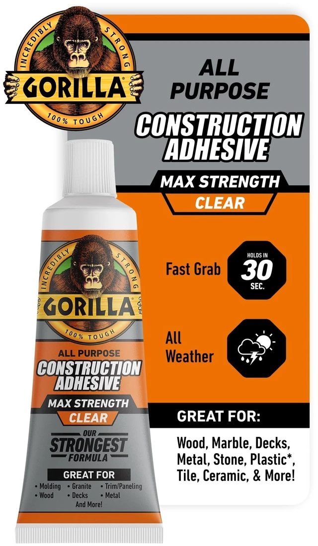 Main image of Gorilla Max Strength Construction Adhesive, Clear Glue, 2.5 Ounce Squeeze Tube - Gap Filling and Waterproof
