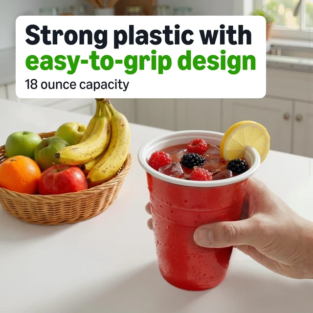 Alt view image 2 of 6 - Amazon Basics Disposable Plastic Party Cups, Red, 18oz, 50 Count, Packaging May Vary