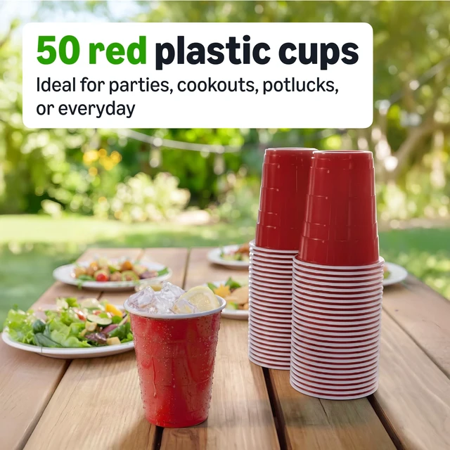 Alt view image 4 of 6 - Amazon Basics Disposable Plastic Party Cups, Red, 18oz, 50 Count, Packaging May Vary