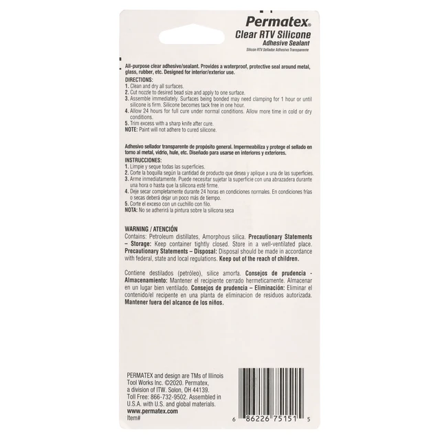 Alt view image 2 of 6 - Permatex 75151 Clear Rtv Silicone Adhesive Sealant, 3 oz